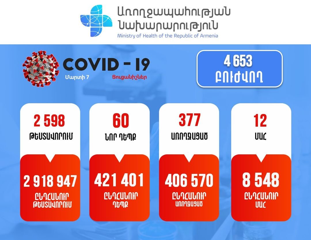 12 մահ. 60 նոր դեպք. Կորոնավիրուսային իրավիճակը Հայաստանում