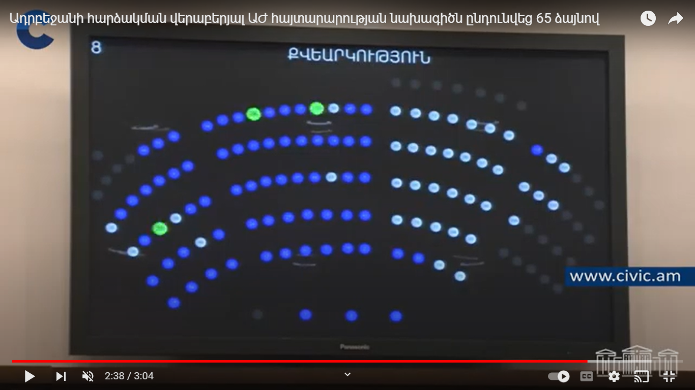 Ադրբեջանի հարձակման վերաբերյալ ԱԺ հայտարարության նախագիծն ընդունվեց 65 ձայնով․ ընդդիմությունը չմասնակցեց քվեարկությանը